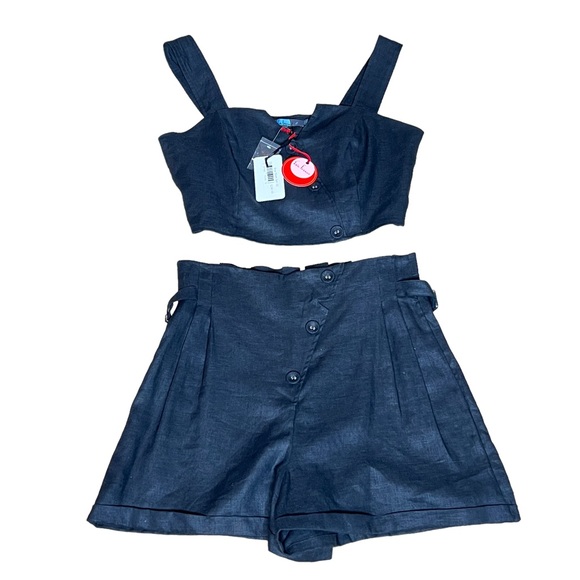 Anthropologie Eva Franco Black Linen Cropped Top & Shorts 2 Piece Set Size 12 - Picture 4 of 16